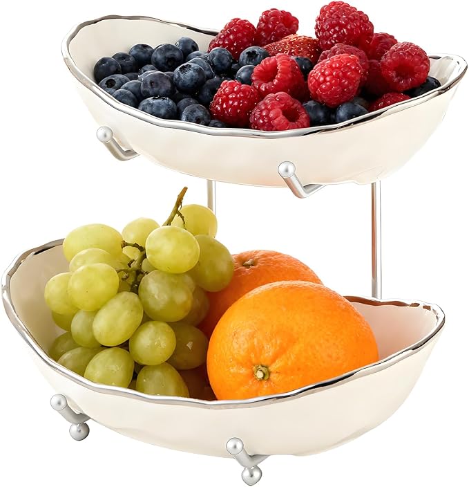 2 Tier Ceramic Fruit Bowl for Kitchen Counter with Metal Rack, Fruit Basket with Stand, Porcelain Bowls for Vegetable Bread Candy Snack Nuts Dessert Cake Tray (Silver 2 layer) - Image 8