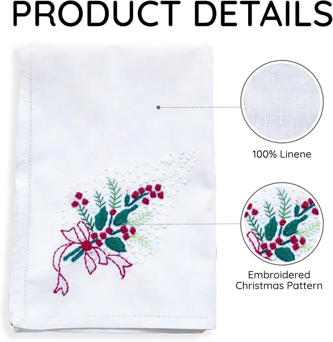Cloth Tea Napkins Set of 6, Embroidered Cotton Napkins with French Knot Design, Reusable Table Napkins for Dinner, Tea Time, Coffee, Cocktail Settings, 16x16 Inches (Christmas) - Image 3