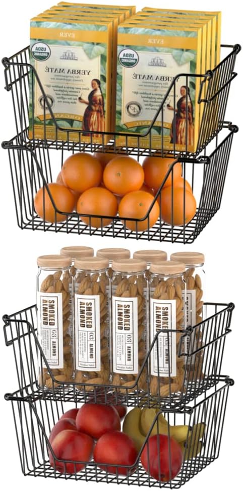 Slideep Wire Storage Baskets for Organizing, 4 Pack 14'' Stacking Metal Wire Freezer Organizer Bins with Handles, Large Pantry Baskets for Kitchen Cabinets, Bathroom, Laundry, Garage, Black - Image 2