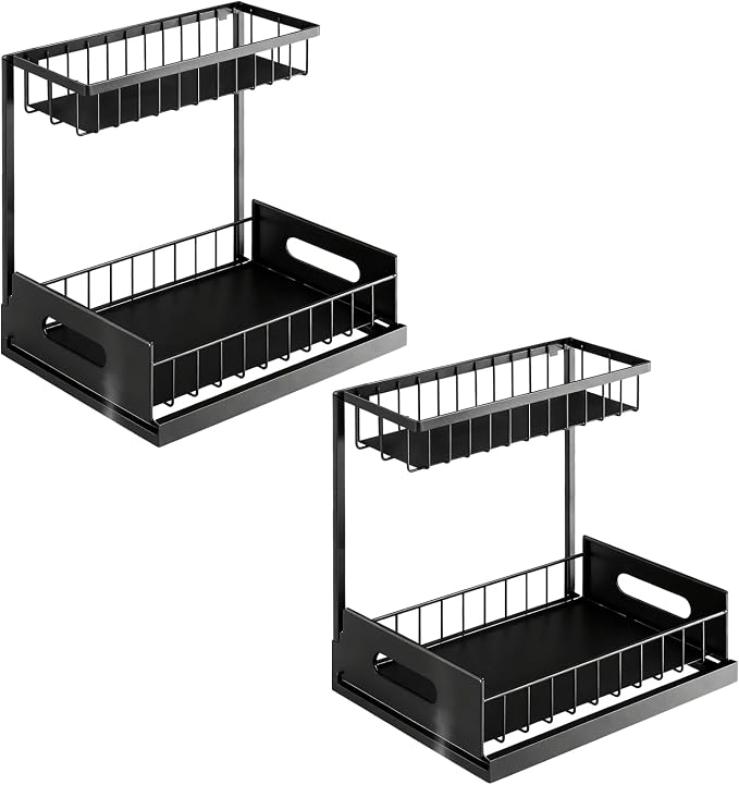 2 Pack Under Sink Organizer, Height Adjustable Pull Out Cabinet Shelf, Heavy Duty Metal Sliding Drawer, Rust-Resistant Storage for Kitchen Bathroom Pantry, Fits Tall Bottles & Plumbing P-Traps - Image 2