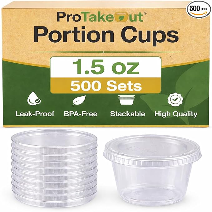 0.75-5.5 oz Plastic Portion Cups with Lids, 100-2000 Count, Dessert Cups with Lids, Jello Shot Cups with Lids, Small Plastic Cups for Salad Dressing & Condiments (500, 1.5, ounces) by ProTakeOut