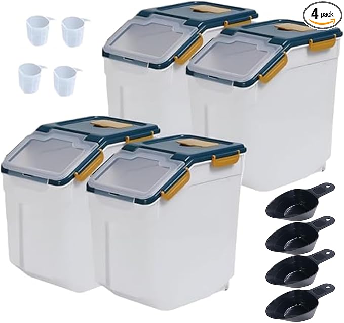 Airtight Flour Storage Container, 25lb 4Pack Blue | Large Rice Bin with Wheels, Seal Locking Lid, BPA-Free, Includes Measuring Cup & Scoop, Kitchen Organization by Begino
