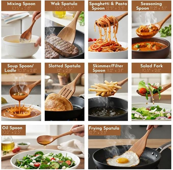 DADU BADU Teak Wooden Utensil Set of 10 – Non-Toxic Cooking Spoons & Spatulas for Nonstick Pans – Includes Pasta Spoon, Ladle, Skimmer – Premium Wood Kitchen Gift Set with Holder | Non-Toxic Cooking Spoons & Spatulas, for Nonstick Pans, Includes Pasta ... - Image 3