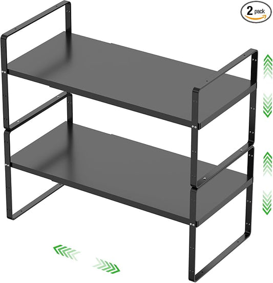 Expandable Cabinet Shelf, Stackable Organizer Rack, Black Large 2 PK | Adjustable Fit, Stackable Height Options, Nonslip Base, Larger Capacity, Cabinet/Pantry Organization by SOFRON