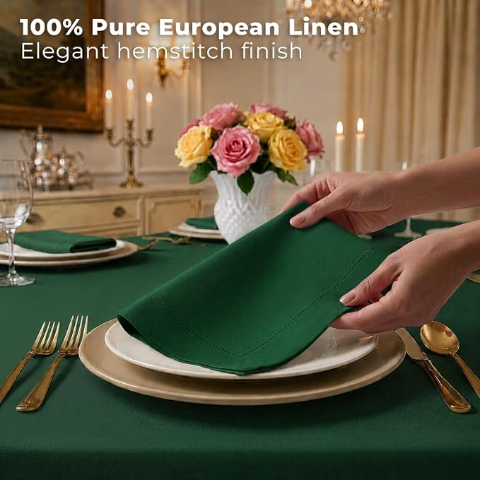 Signature Linen™ by D'Moksha Eden Green Dinner Napkins Set of 4, 20 x 20 Inch Cloth Napkins, 100% Pure Linen, Hemstitch, Machine Washable Table Napkins- Summer, Weddings, Outdoor hostings - Image 3