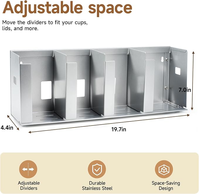 4 Compartments Stainless Steel Cup Dispenser | Adjustable Divider Organizer for Cups and Lids for Kitchen Coffee Bar Restaurant and Office Breakroom - Image 4