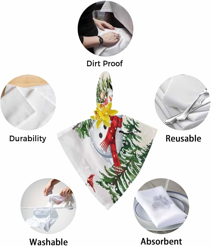 Beige Snowman Christmas Cloth Napkins, Washable and Reusable Dinner Napkins Set of 2, Xmas Tree Snowflake Winter Birds Table Napkin for Kitchen Party Birthday Wedding Hotel Housewarming 20''x20'' - Image 6