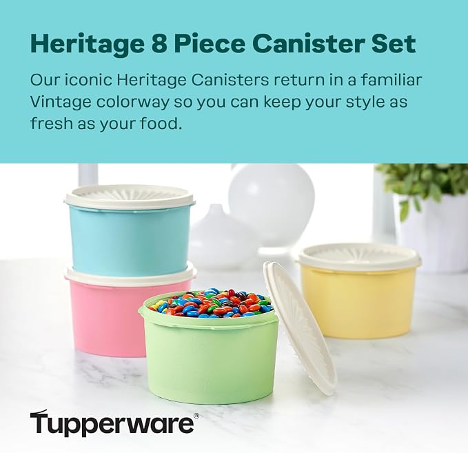 Tupperware Heritage Collection 8 Piece Food Storage Canister Set in Vintage Colors, Dishwasher Safe and BPA Free (4 Containers, 4 Lids) - Image 2