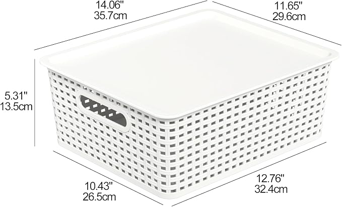 Hespama 6 Pack Plastic Weave Storage Basket, Stackable Lidded Organizer Bin | White - Image 5