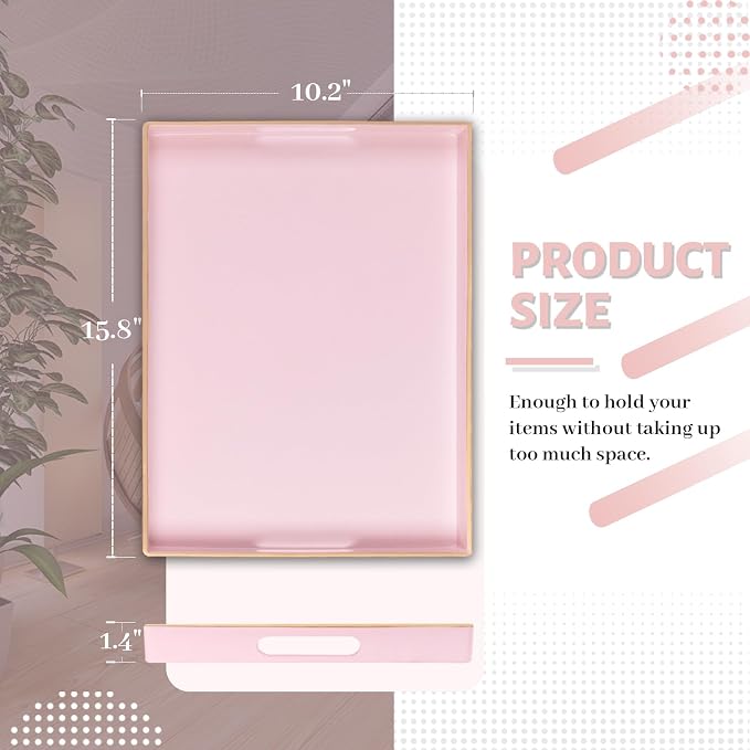 Pink Decorative Tray for Coffee Table, Serving Tray with Handles | Plastic Melamine Tray, Modern Ottoman Tray, Rectangular Countertop Organizer Tray for Living Room, 15.8"L x 10.2"W x 1.4"H - Image 2