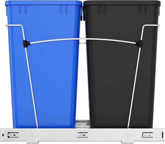 Rev-A-Shelf Pullout Trash Can for Kitchen Cabinets, Blue/Black Bin, 27 Qt | Large Capacity Garbage Recycling Waste Container, Heavy Gauge Metal Wire Construction, Full Extension Slides, RV-15KD-2218C-S - Image 7
