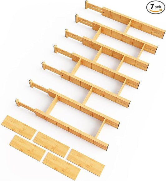 SpaceAid Bamboo Drawer Dividers with Inserts and Labels, Kitchen Adjustable Drawer Organizers, Expandable Organization for Home, Office, Dressers, 7 Dividers with 15 Inserts (17"-22" Natural) by SpaceAid