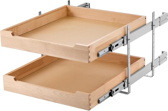 VEVOR 2 Tier Pull Out Cabinet Organizer, 20" W x 21" D Cabinet Drawer, Soft Close Slide out Shelf, Heavy-Duty Sliding Wood Drawer, Adjustable Base Cabinet Organization for Kitchen Pantry Bathroom - Image 9