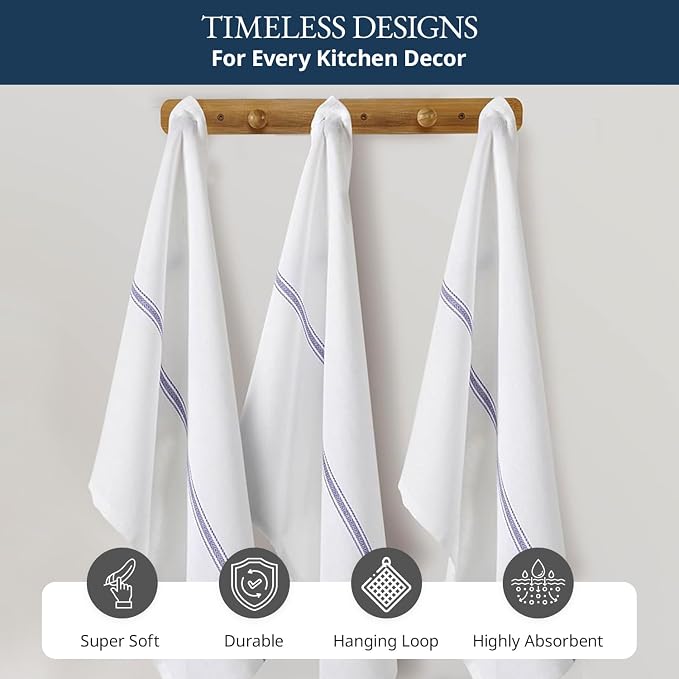 LANE LINEN Kitchen Towels, 6 Pack 14"x25" Dish Drying Towels, 100% Cotton Tea Towel with Hanging Loop, Reusable Napkin, Durable After Multiple Washes, Soft & Absorbent - Blue Stripe - Image 7