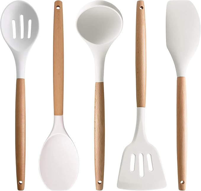 Silicone Kitchen Utensils Set of 5, Cooking Utensil Set with Heat Resistant Wooden Handle Non-Stick Silicone Spatula Spoon Turner Ladle, BPA FREE Cooking Kitchen Gadgets for Cookware & Baking by IOCBYHZ
