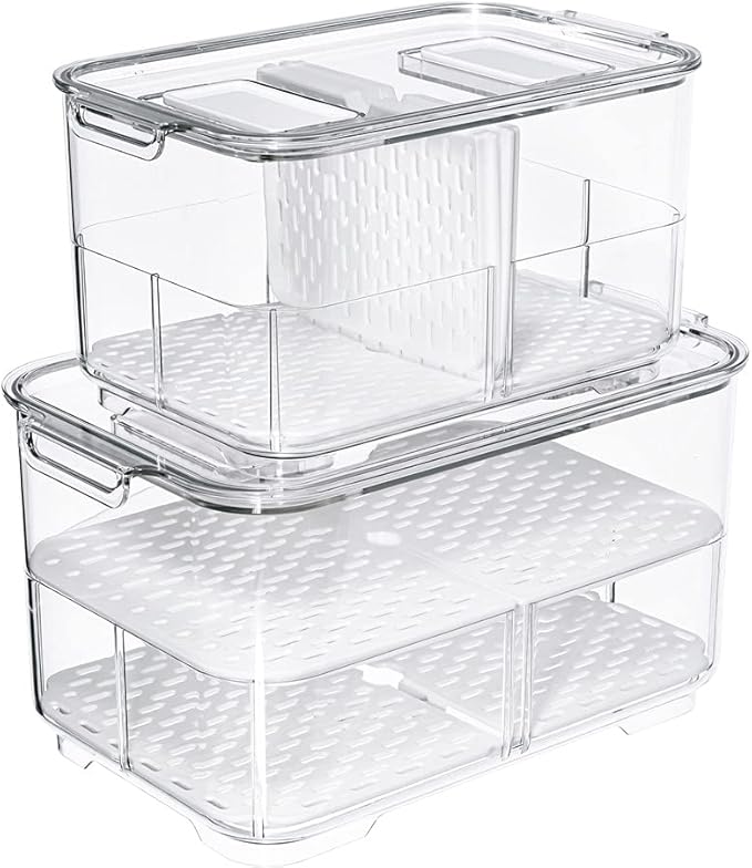 SANNO Vegetable Fruit Containers Fridge Food Storage Produce Saver Container Stackable Refrigerator Freezer Organizer Fresh Keeper Drawers Organizer set of 2 by SANNO