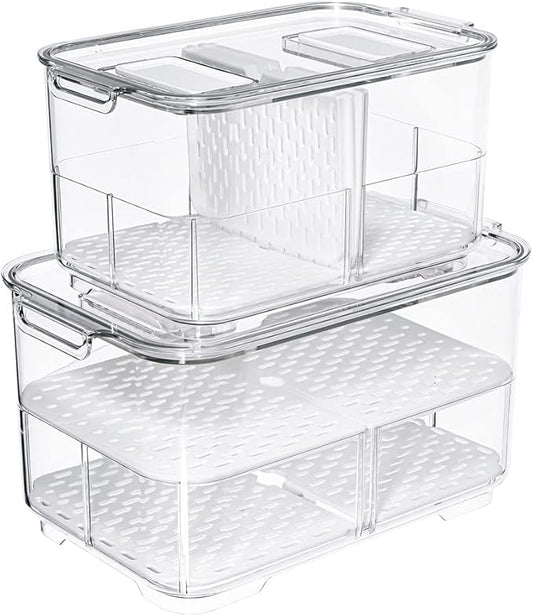 SANNO Vegetable Fruit Containers Fridge Food Storage Produce Saver Container Stackable Refrigerator Freezer Organizer Fresh Keeper Drawers Organizer set of 2 by SANNO