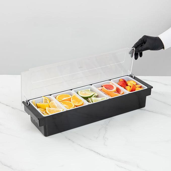 Restaurantware Bar Lux 19.6 x 6.3 x 3.7 Inch Condiment Caddy 1 Durable Bar Caddy - 5 Removable Compartments Built-In Lid Black Plastic Condiment Holder For Restaurant Store Cocktail Garnish - Image 5