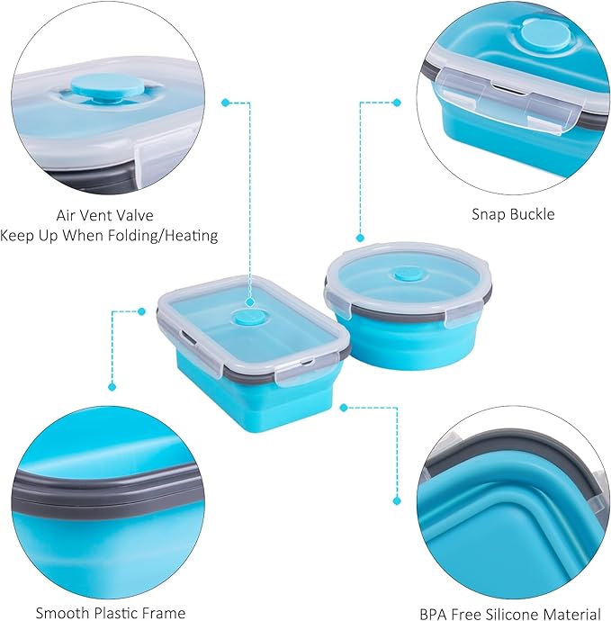 Collapsible Food Storage Containers with Lid & Air Vent, 16 Pack, 8 Rectangular + 8 Round, Foldable Silicone Lunch Containers Collapsible Bowls Set, Microwave Freezer Dishwasher Safe, Blue - Image 6