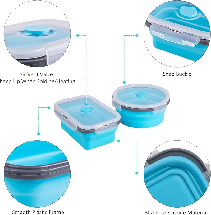 Collapsible Food Storage Containers with Lid & Air Vent, 16 Pack, 8 Rectangular + 8 Round, Foldable Silicone Lunch Containers Collapsible Bowls Set, Microwave Freezer Dishwasher Safe, Blue - Image 6
