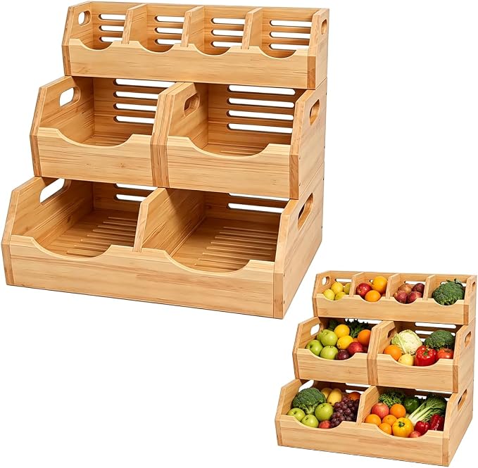 3 Tier Potato and Onion Storage Bin for Pantry | Natural Bamboo Rack Top and Hollow Ventilated Bottom,Eco-Friendly Organizer for Kitchen or Bathroom by Unknown
