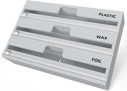 SpaceAid WrapNeat 3 in 1 Wrap Organizer with Cutter and Labels, Plastic Wrap, Aluminum Foil and Wax Bamboo Dispenser for Kitchen Storage Organization Holder for 12" Roll (Gray) by SpaceAid