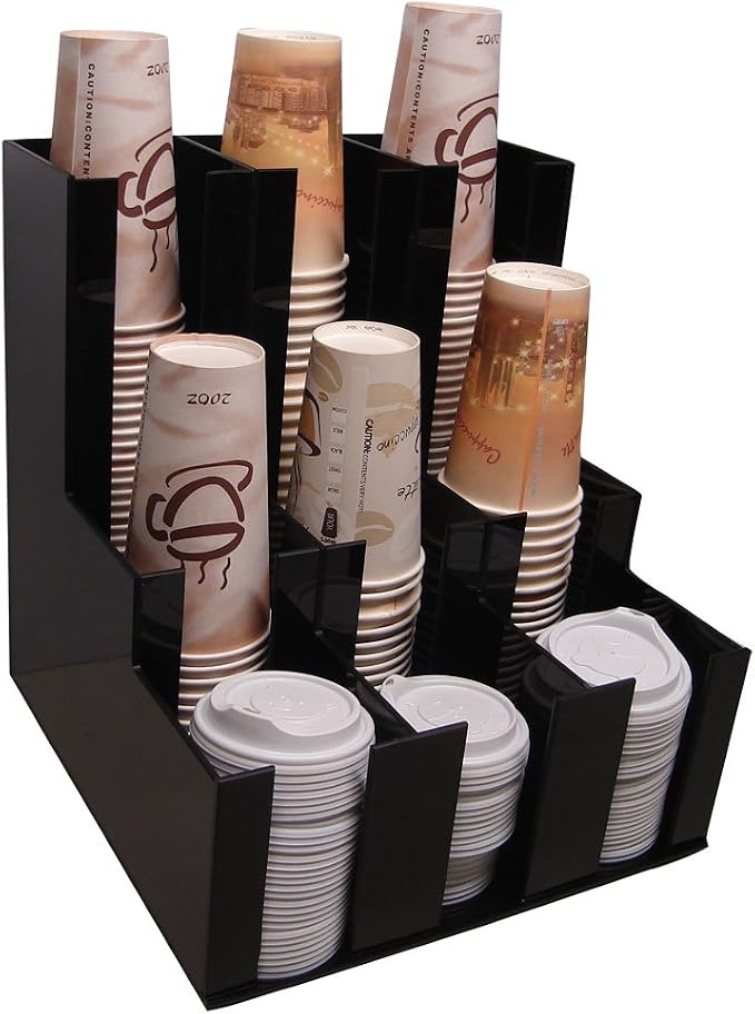RCS Plastics Verticle Coffee Cup Dispenser and Lid Holder Condiment Stirrer, Sugar Cup Caddy Organizer and Display Your Coffee Station Counter with Style 3wx3d (1008) 12"x12"x12" by RCSPlastics