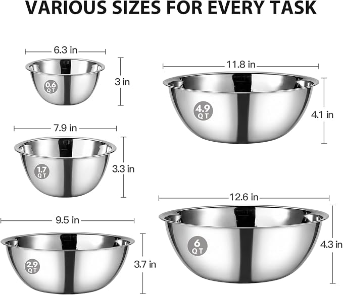 Stainless Steel Mixing Bowls Set of 5, 0.6 to 6 QT | Heavy Duty Nesting Metal Bowls, 0.6, 1.7, 2.9, 4.9, 6 QT, Flat Base, For Baking, Cooking, Salad Mixing & Bread Dough Kneading - Image 2