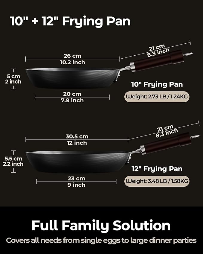 2-Piece Auto-Seasoning Carbon Steel Pan Set 10 & 12 Inch, Deep Nitrided Skillets Professional Cookware Bundle, Pre-seasoned, Wooden Handle, PFAS & PFOA-Free - Image 2