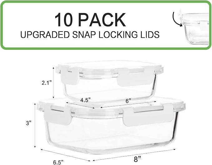 M MCIRCO 10 Pack Glass Food Storage Containers with Lids, White | Glass Meal Prep Containers,Airtight Lunch Containers with Lids, Microwave, Oven, Freezer and Dishwasher Friendly, BPA Free - Image 2