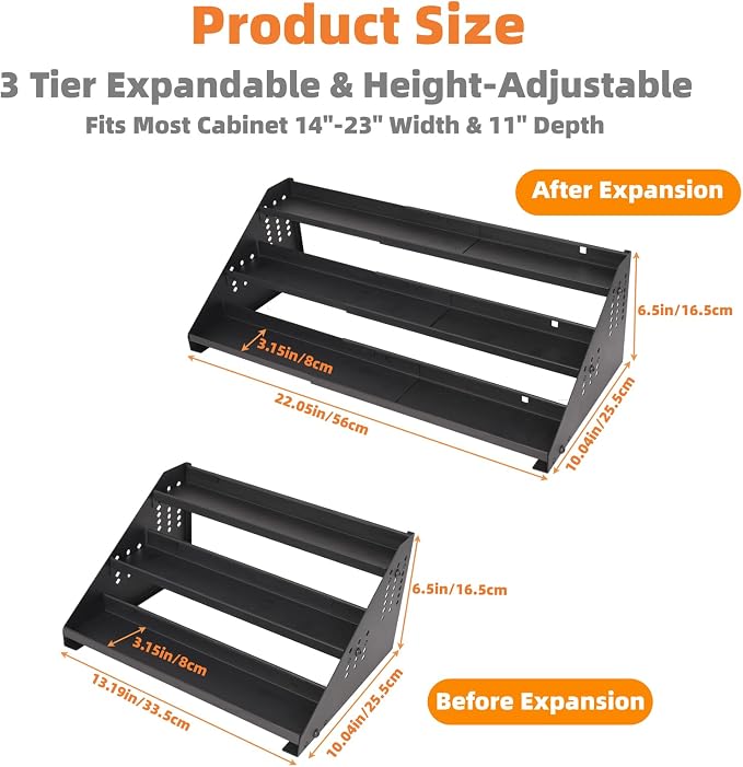 RICHMYC 3-Tier Spice Rack Organizer, 13"-22" Expandable, Height Adjustable | Metal Spice Organization for Cabinet, Kitchen Seasoning Organizer , Anti-Slip Guardrail Spice Storage for Countertop, Pantry - Image 2
