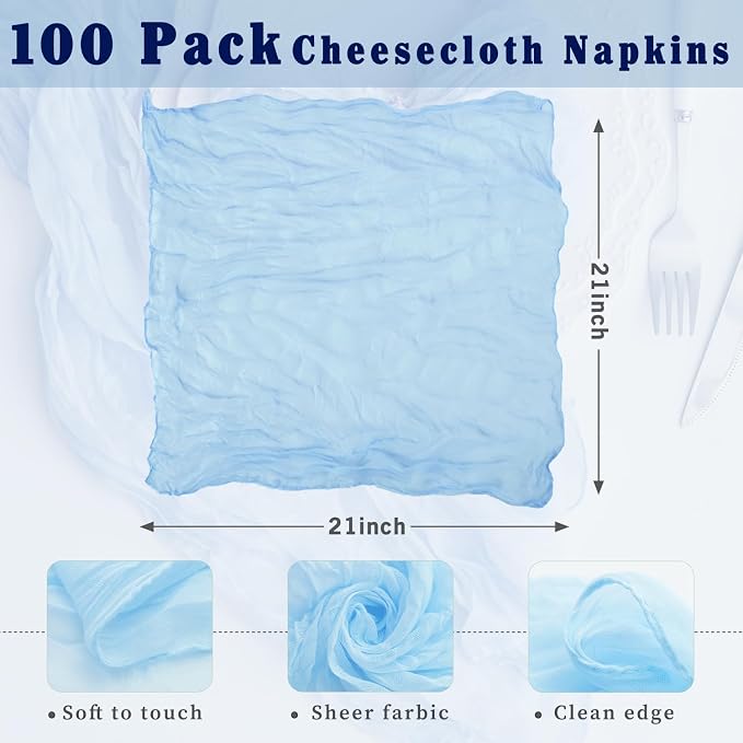 Baby Blue 100 Pack Cheesecloth Napkins Washable 21x21 Inches Baby Blue Cloth Napkins Set of 100 Bridal Baby Shower Dinner Table Napkins for Wedding Rustic Boho Cotton Gauze Summer Party Table Decor - Image 3