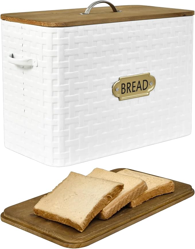 EMAX HOME Extra Large Space Saving Farmhouse Bread Box With Wood Lid - Vertical Breadbox Bread Storage Bin Holder for Kitchen Countertop, White by EMAXHOME