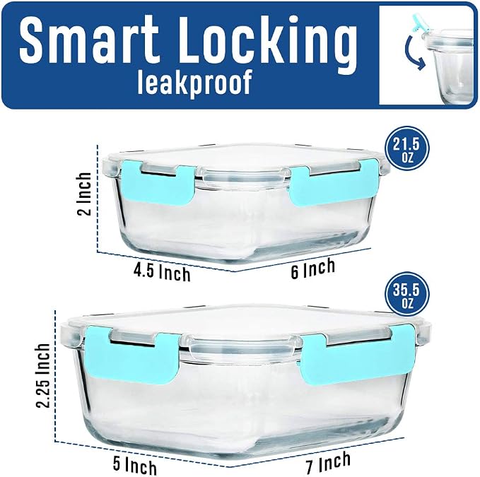 Glass Food Containers Storage Organizers for Kitchen Pantry | BPA Free | Leak Proof | Odor Proof | Stain Resistant | 12 Sets | Freezer and Oven Safe (Blue) - Image 3