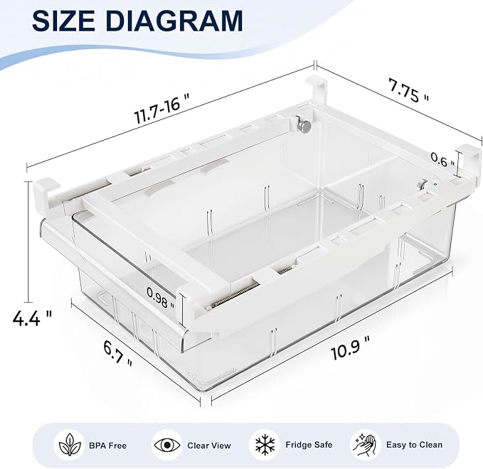 2 Pack Fridge Drawer Organizer Pull-Out Under Shelf Storage Bin | BPA-Free Clear Space-Saving Storage - Image 2