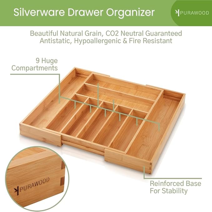 Purawood Bamboo Drawer Organizer - Expandable Silverware Organizer & Utensil Drawer Organizer, Cutlery Tray with Dividers, 7-9 Slots- Kitchen Organizer for Utensils & Flatware (Natural) - Image 4