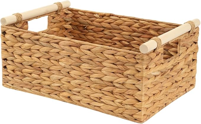 Woven Storage Basket, Small Wicker Organizer, 11.6x8.1x4.9 | 11.6x8.1x4.9" small natural woven basket with handles; compact wicker organizer for shelves, pantry, bathroom and gifting. by Unknown