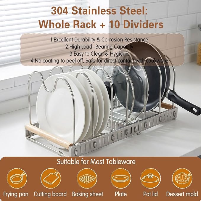 Stainless Steel Expandable Pot and Pats Organizer for Kitchen, Expandable Cookware Rack for Cutting Boards, Lids, Plate, Bowls, 304 SS 10 Adjustable Dividers Expanded Size 22.64" Lx7.28 Wx7.68 H - Image 2
