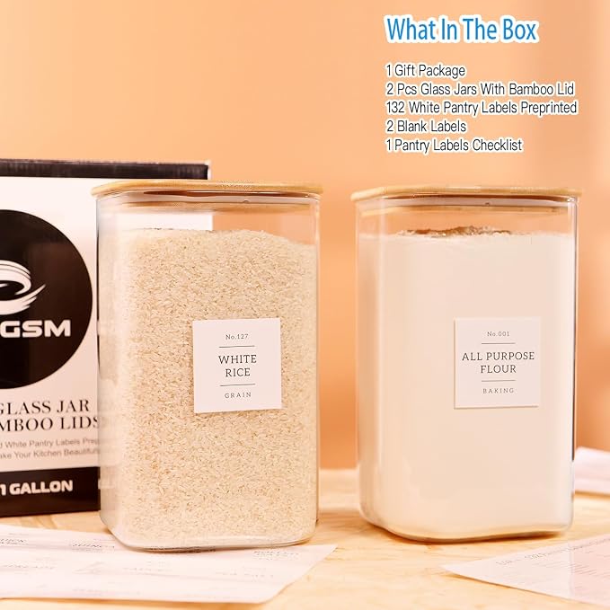 CZZGSM 2 Pack Square Glass Flour and Sugar Containers with 132 Kitchen Pantry Labels - Thicken 149 FL OZ Large Glass Storage Jars with Airtight Bamboo Lid - Big Food Canisters for Rice, Pasta, Cookie - Image 2