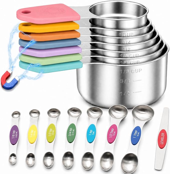 Magnetic Measuring Cups and Spoons Set, Strong N52 Magnets, Heavy Duty 304 Stainless Steel Fits in Spice Jars for Baking & Cooking, BPA Free, Round Set of 15 with Leveler Blackr, Light Colorful by vfuni