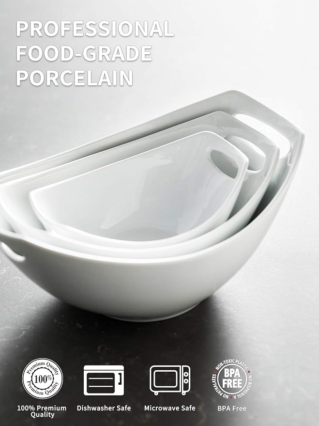 LAUCHUH Serving Bowls with Handles, Porcelain Serving Dishes Nesting Bowls | Mixing Bowls Set Salad Bowls for Entertaining, Thanksgiving, Baby Shower, Party, Set of 3, Microwave Safe, 15/28/49 oz, White - Image 3