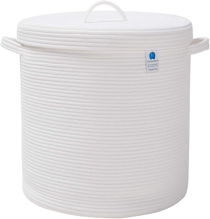 16x18 Inch Extra Large Round Cotton Rope Storage Basket with Lid, Decorative Woven Bin with Cover for Living Room Bedroom Closet, White by Cottonphant