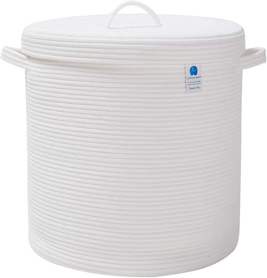 16x18 Inch Extra Large Round Cotton Rope Storage Basket with Lid, Decorative Woven Bin with Cover for Living Room Bedroom Closet, White by Cottonphant
