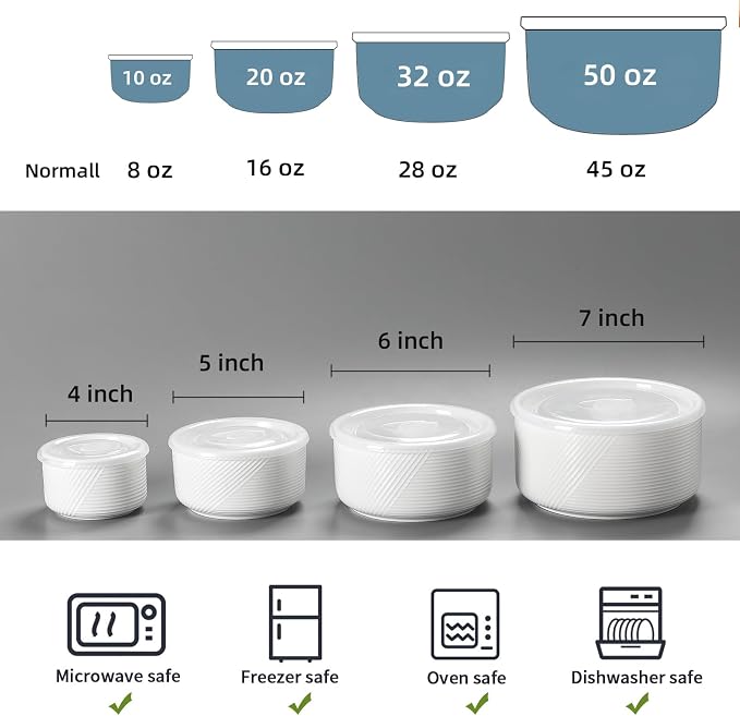 Ceramic Nesting Bowls with Lids, Set of 4, White | 50/32/20/10 oz Mixing Bowls with Lids - Porcelain Food Storage Containers For Prep and Serving, Microwave Safe - Image 2