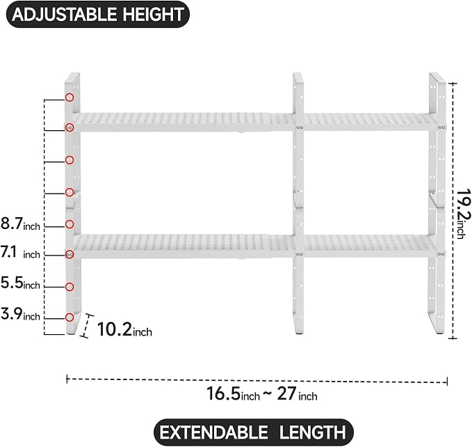 2Pcs Expandable Cabinet Countertop Shelves, 16.5"~27''L, White | Adjustable Metal Spice Rack Organizer, Stackable, Kitchen Counter Storage, 10.2" W x 9.6" H - Image 2