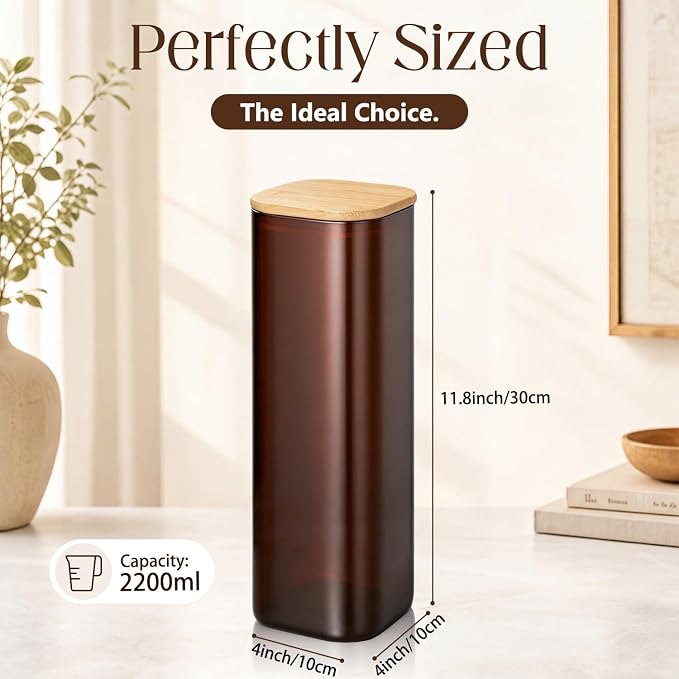 3 Pack 2.3 Qt Square Amber Glass Storage Jars with Lids, 74oz Tall Spaghetti Brown Glass Containers with Bamboo Lids for Pasta Noodles Flour Oat Cereal Sugar Beans Pantry Jar - Image 2