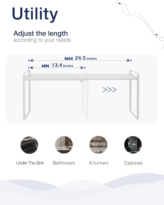 Nxconsu Expandable Shelf for Cabinets, Cabinet Shelf Riser, 12" White | Heavy-Duty Organizer Metal Dish Riser for Cabinets Holds 50LBS and Expands 13.4 to 24.5 in for Kitchen Pantry Plate Mug Spice - Image 5