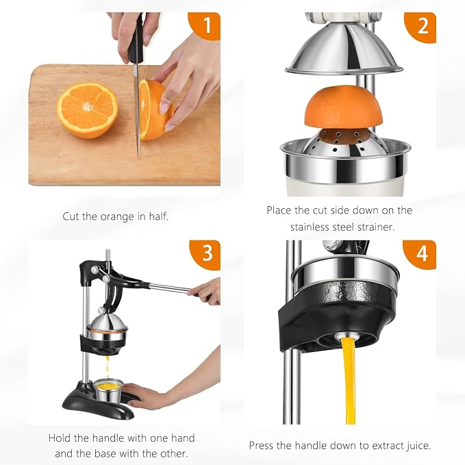 TONGCHANT Cast Iron Manual Juicer, Dual Pattern & 19" Tall | Heavy Duty Orange Juicer Squeezer for Lemon Lime & Pomegranate, Citrus Press, Stainless Steel Cup, Easy to Clean, Black - Image 7