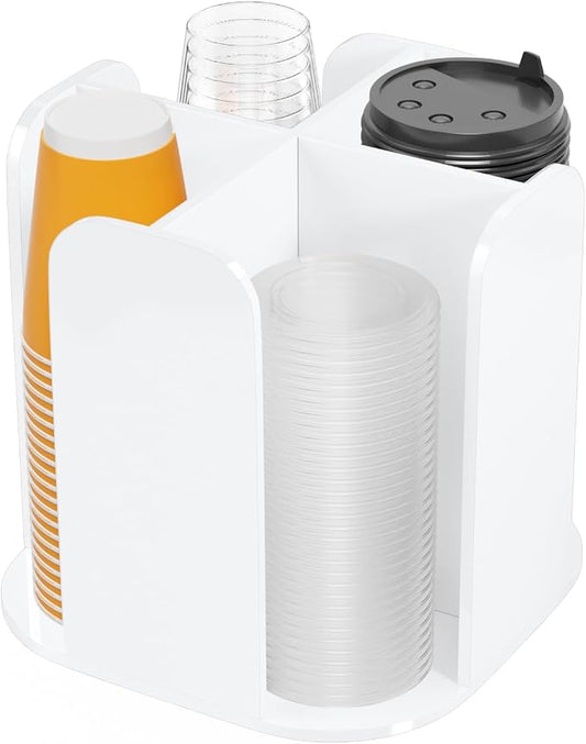 Beego Rotatable 4-Compartment White Acrylic Cup Dispenser - Coffee Station Cup and Lid Carousel Countertop Plastic Cup Holder for Restaurant Breakroom Coffee Bar by beegoofficial