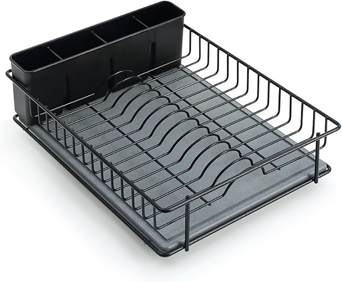 SunnyPoint 304 Stainless Steel Dish Drying Rack with Diatomaceous Earth Drainboard & Removable Utensil Caddy – Rust Resistant Countertop Dish Rack for Kitchen (Black) - Image 7